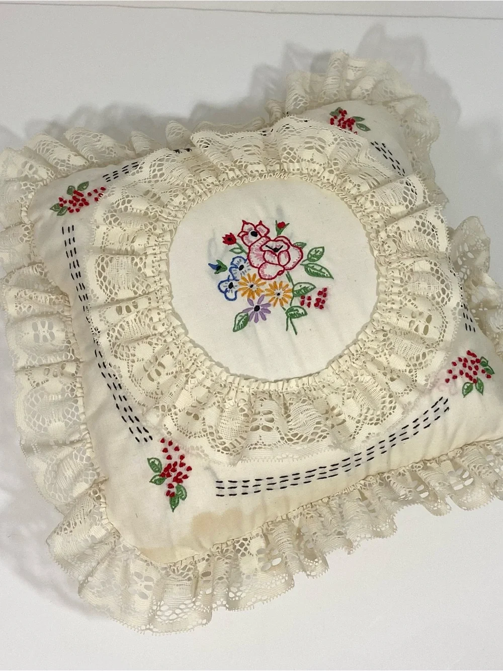 Vintage Hand-Embroidered Lace Decorative Throw Pillow - Cream with Floral Motif